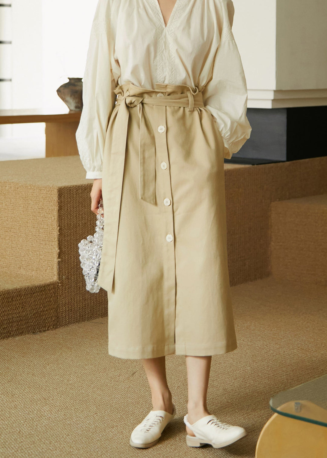 Italian Khaki Pockets Lace Up Button Cotton Skirts Summer