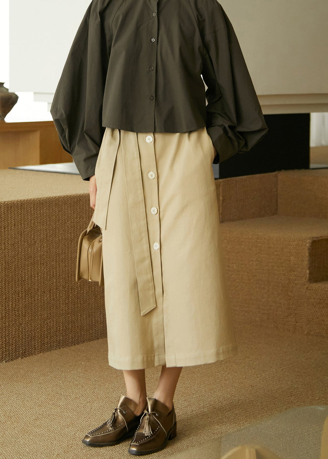 Italian Khaki Pockets Lace Up Button Cotton Skirts Summer