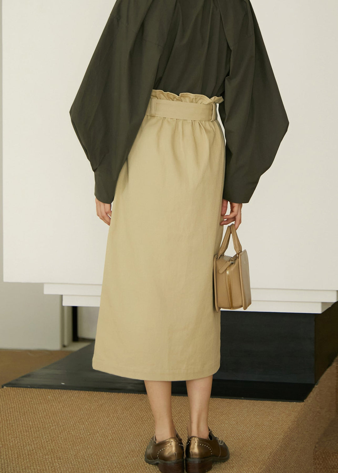 Italian Khaki Pockets Lace Up Button Cotton Skirts Summer