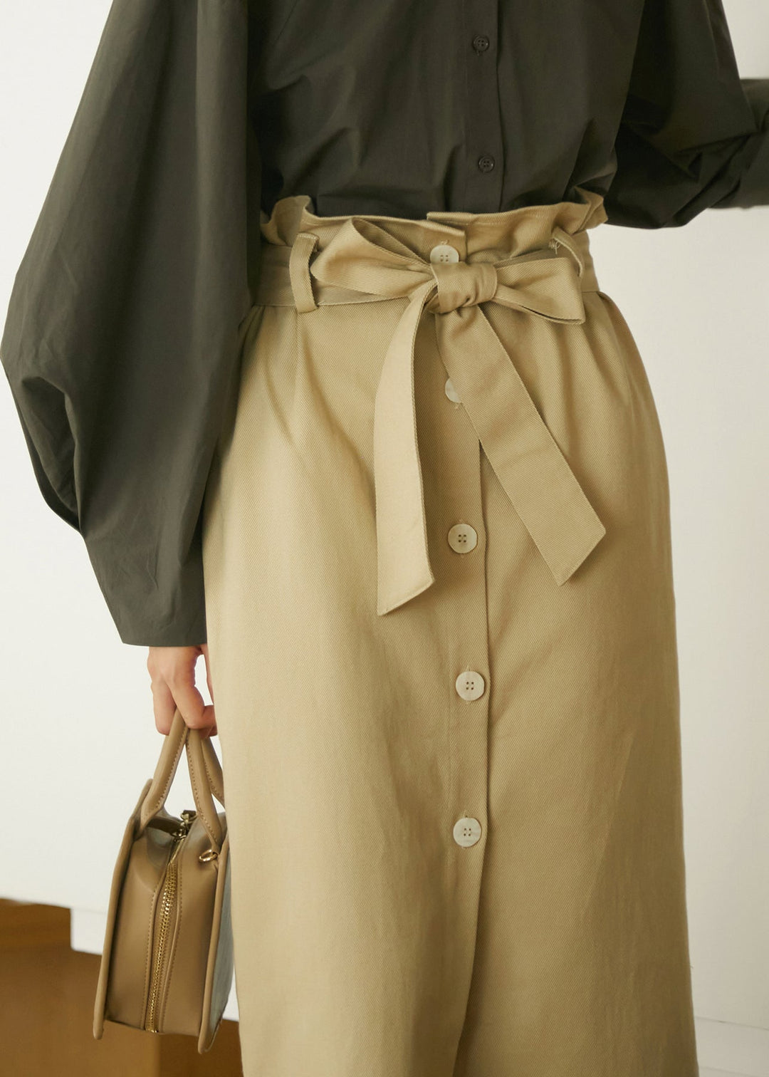 Italian Khaki Pockets Lace Up Button Cotton Skirts Summer