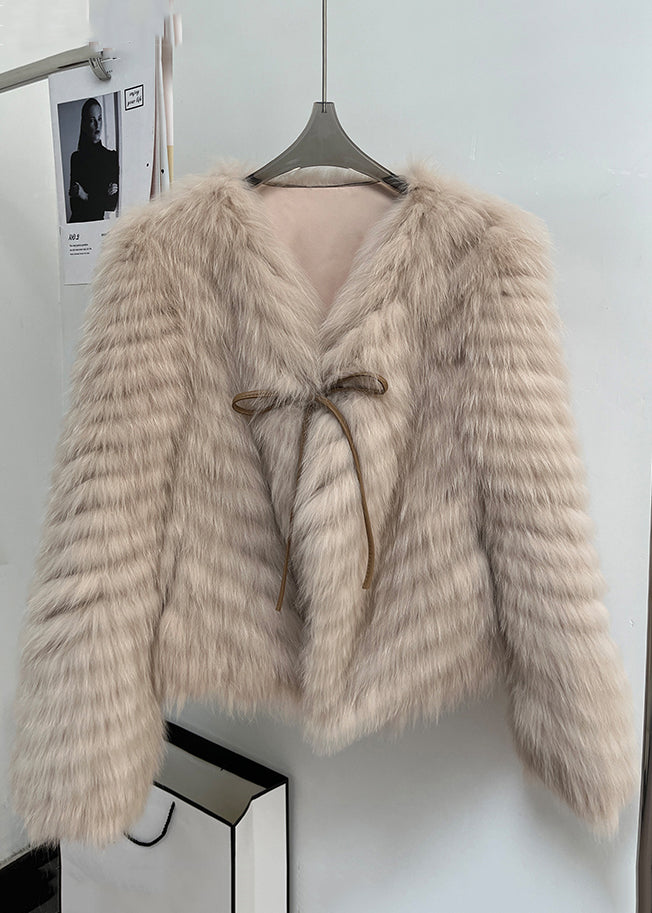 Italian Milk Tea Color V Neck Lace Up Leather And Fur Coats Winter