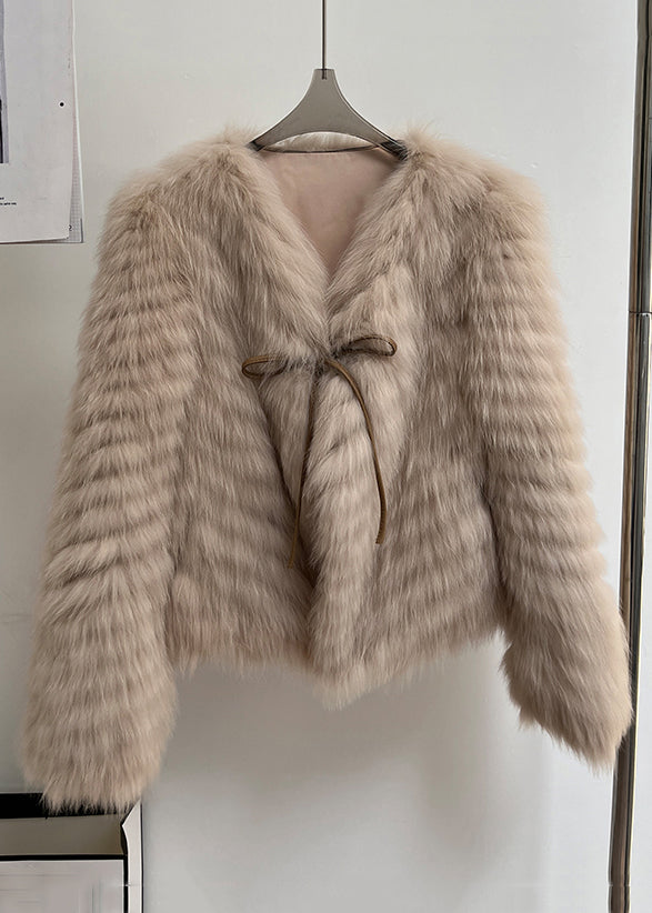 Italian Milk Tea Color V Neck Lace Up Leather And Fur Coats Winter