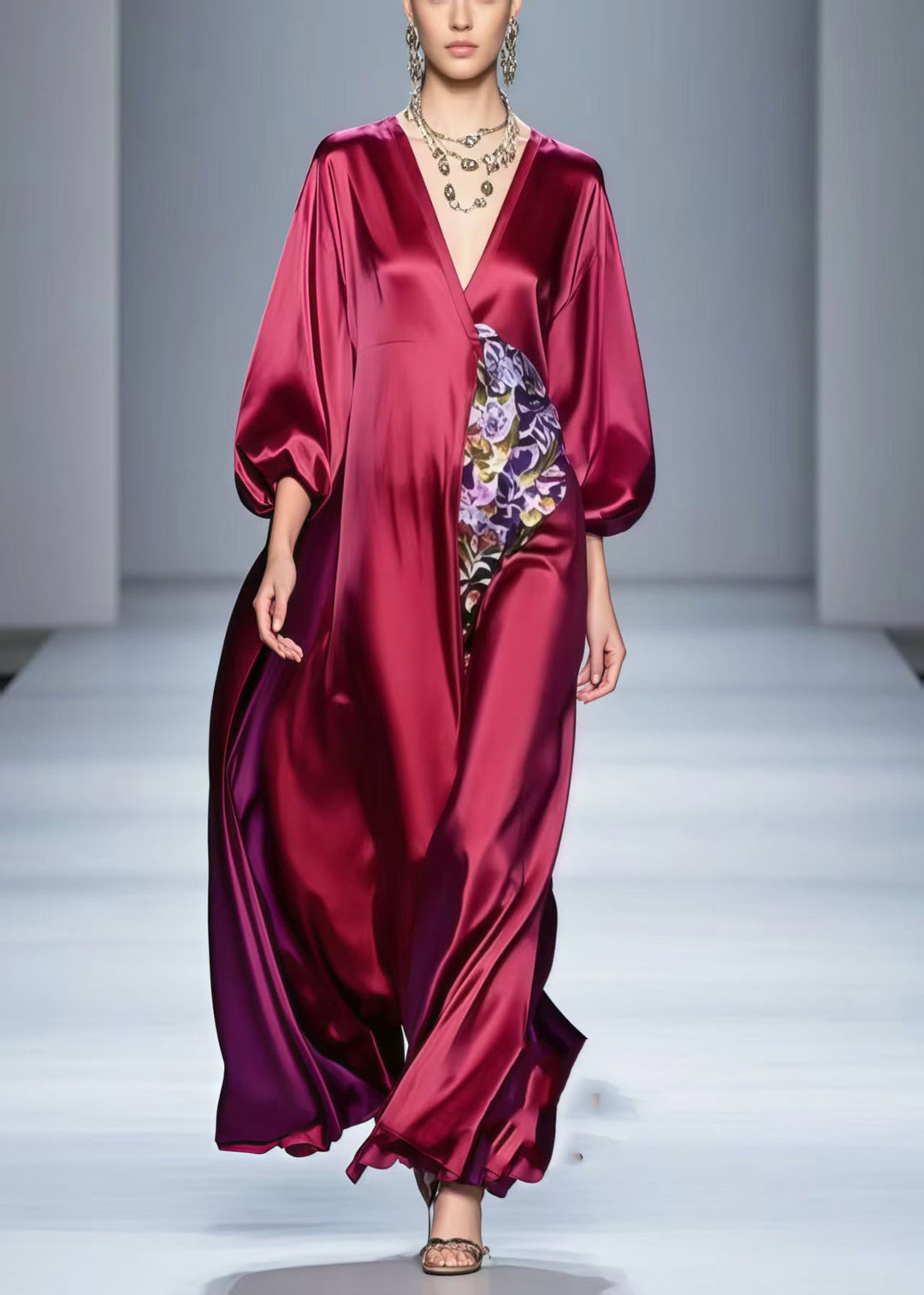 Italian Mulberry Oversized Patchwork Silk Maxi Dress Spring