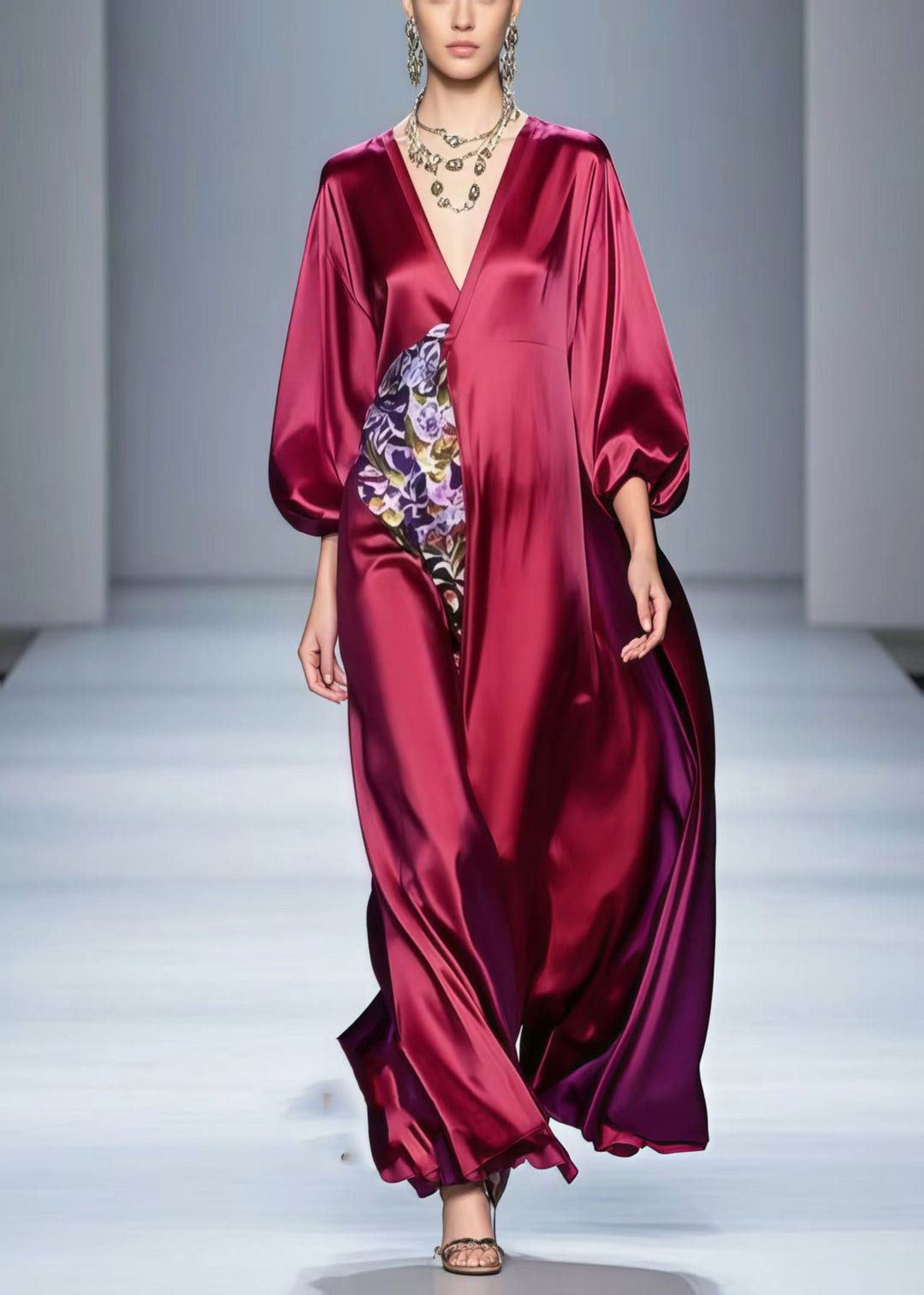 Italian Mulberry Oversized Patchwork Silk Maxi Dress Spring