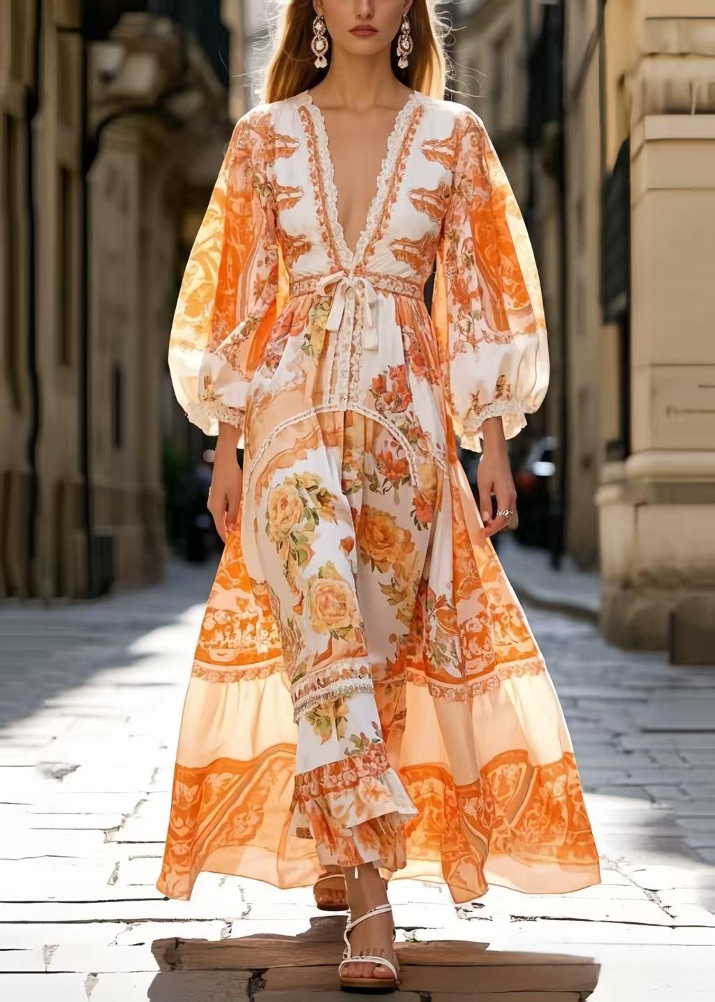 Italian Orange Cinched Print Silk Vacation Dresses Spring