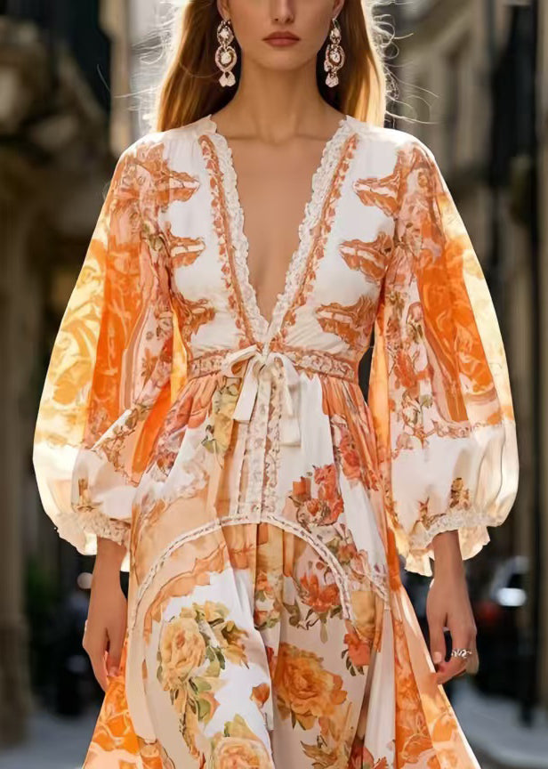 Italian Orange Cinched Print Silk Vacation Dresses Spring