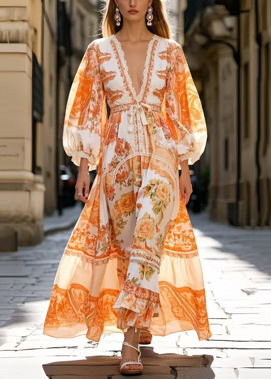 Italian Orange Cinched Print Silk Vacation Dresses Spring