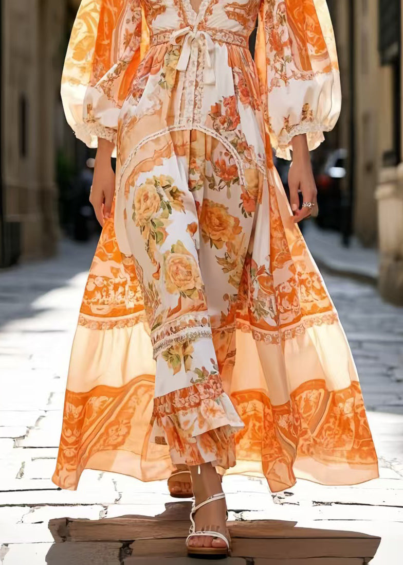 Italian Orange Cinched Print Silk Vacation Dresses Spring