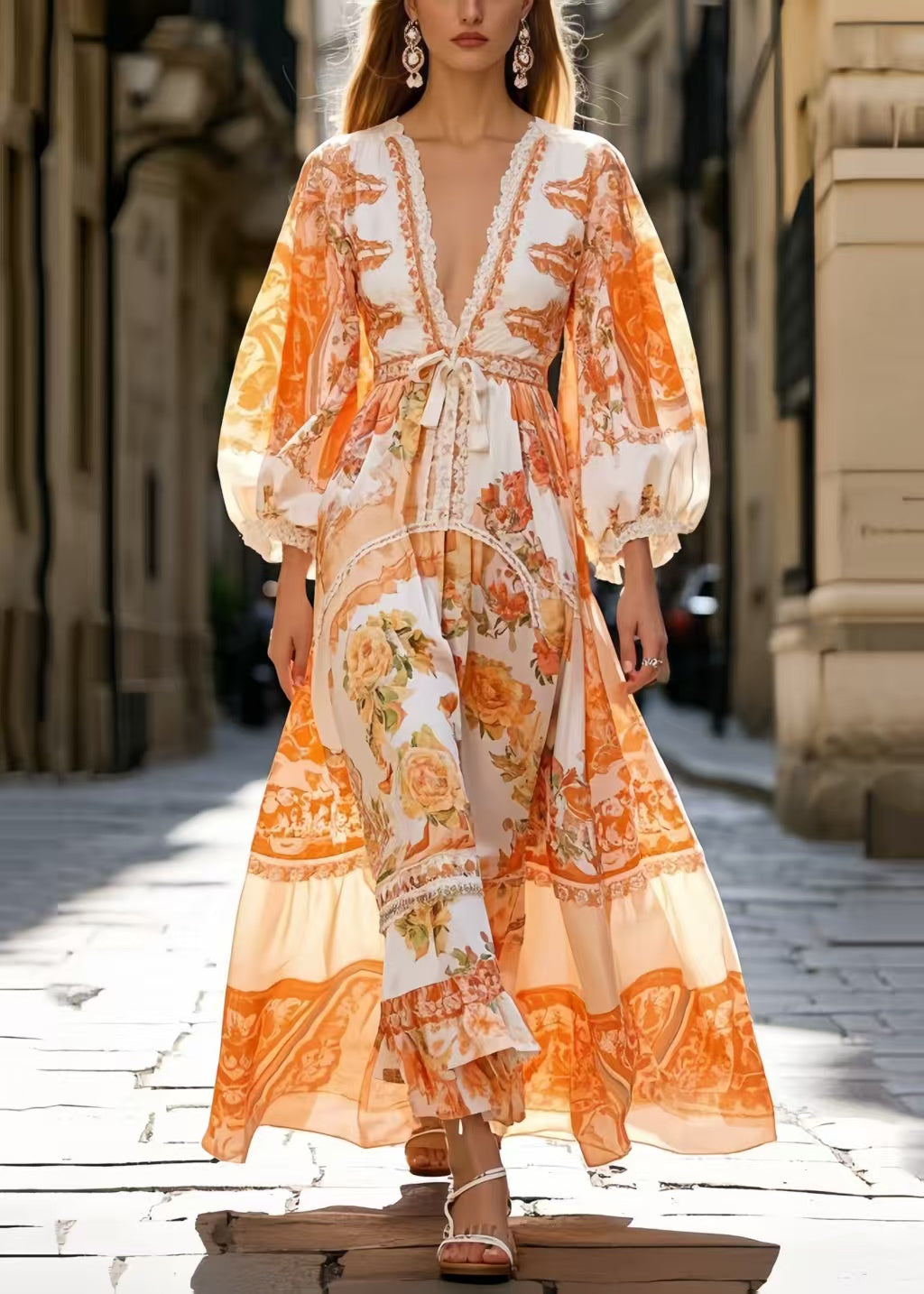 Italian Orange Cinched Print Silk Vacation Dresses Spring