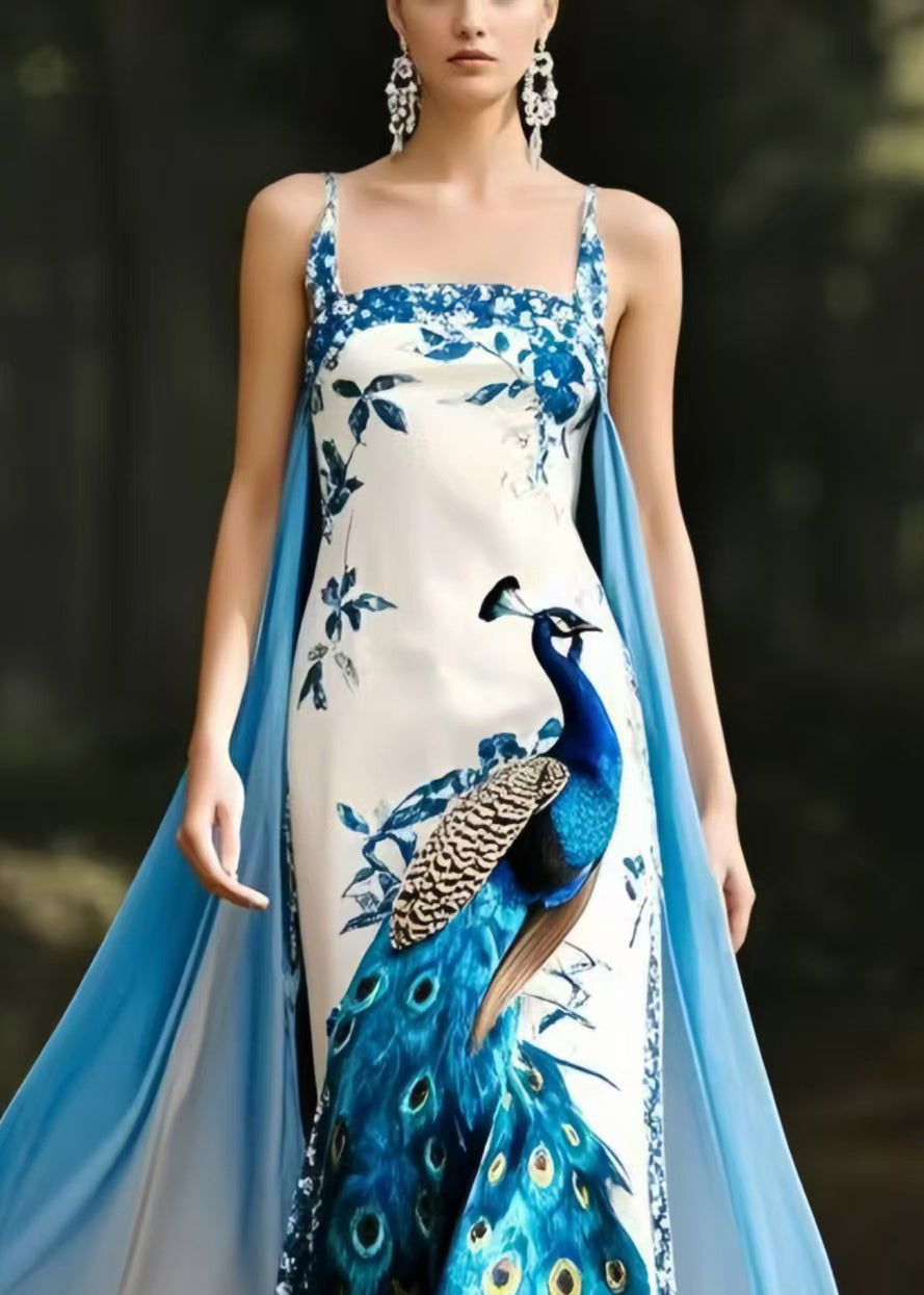 Italian Peacock Print Patchwork Cloak Silk Vestidos Dress Summer