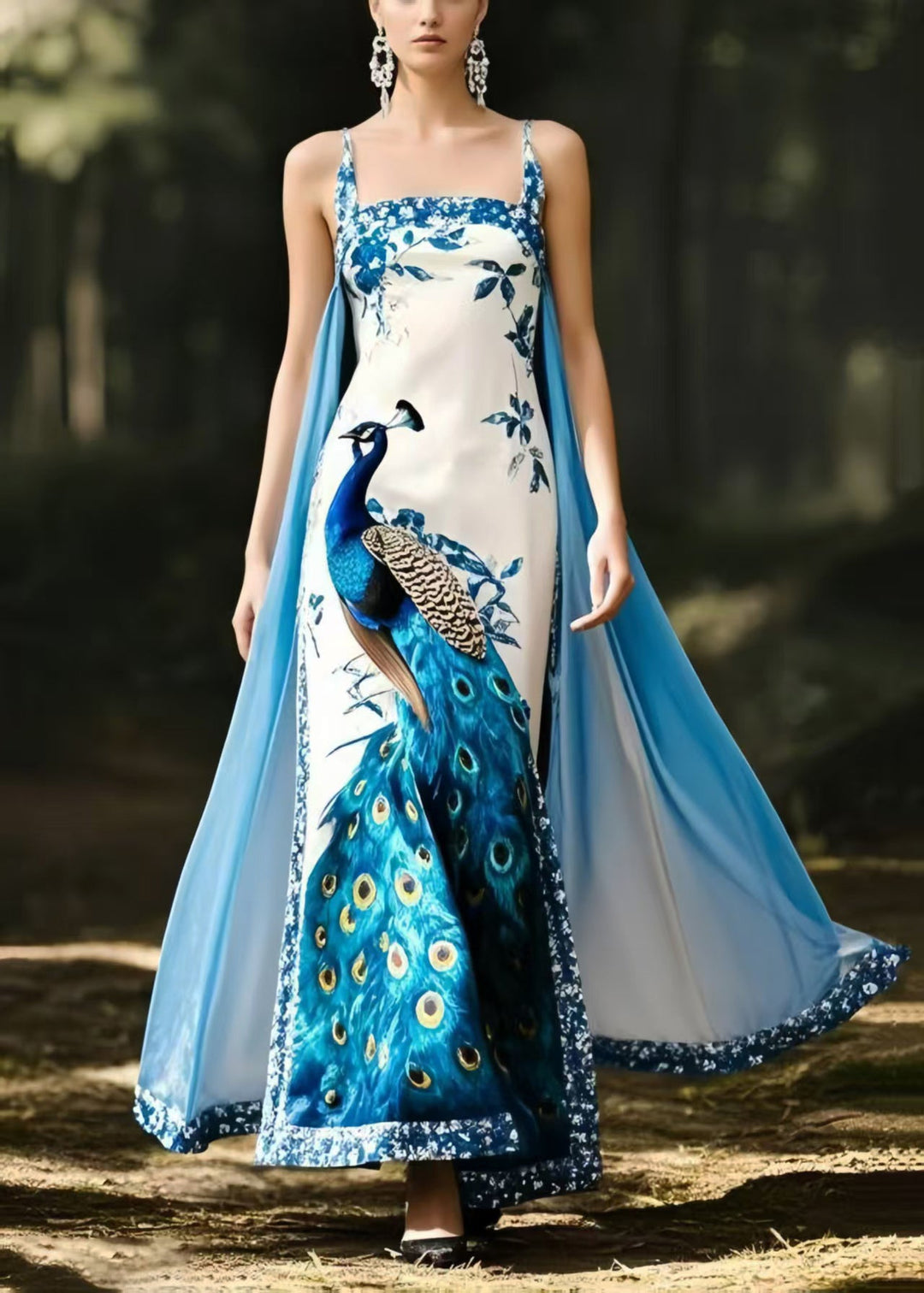 Italian Peacock Print Patchwork Cloak Silk Vestidos Dress Summer