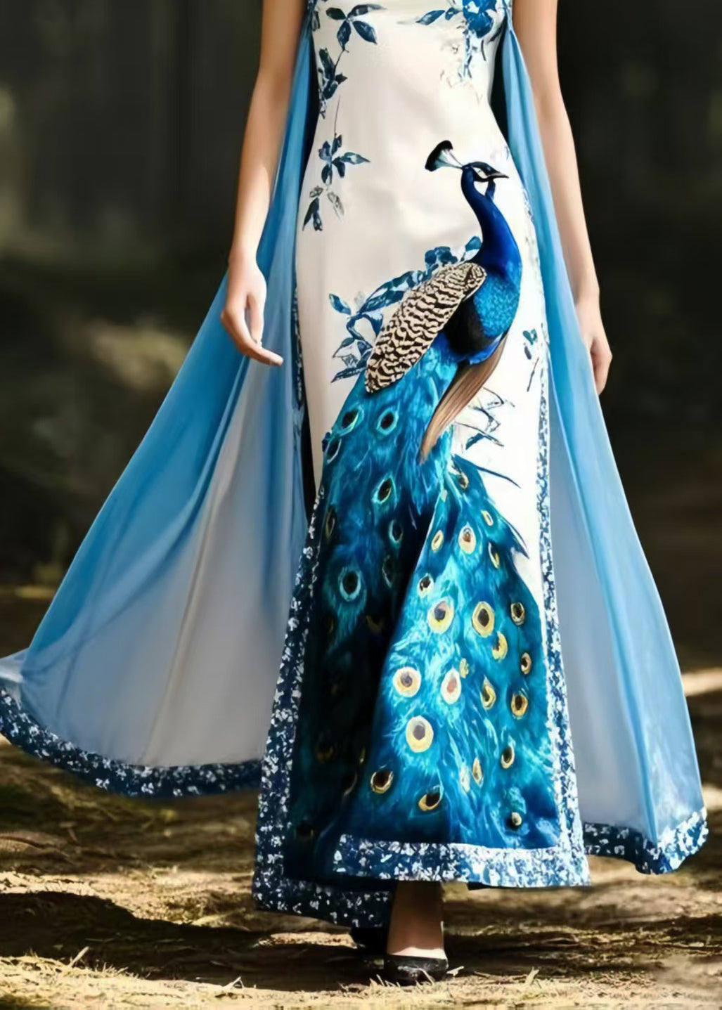 Italian Peacock Print Patchwork Cloak Silk Vestidos Dress Summer