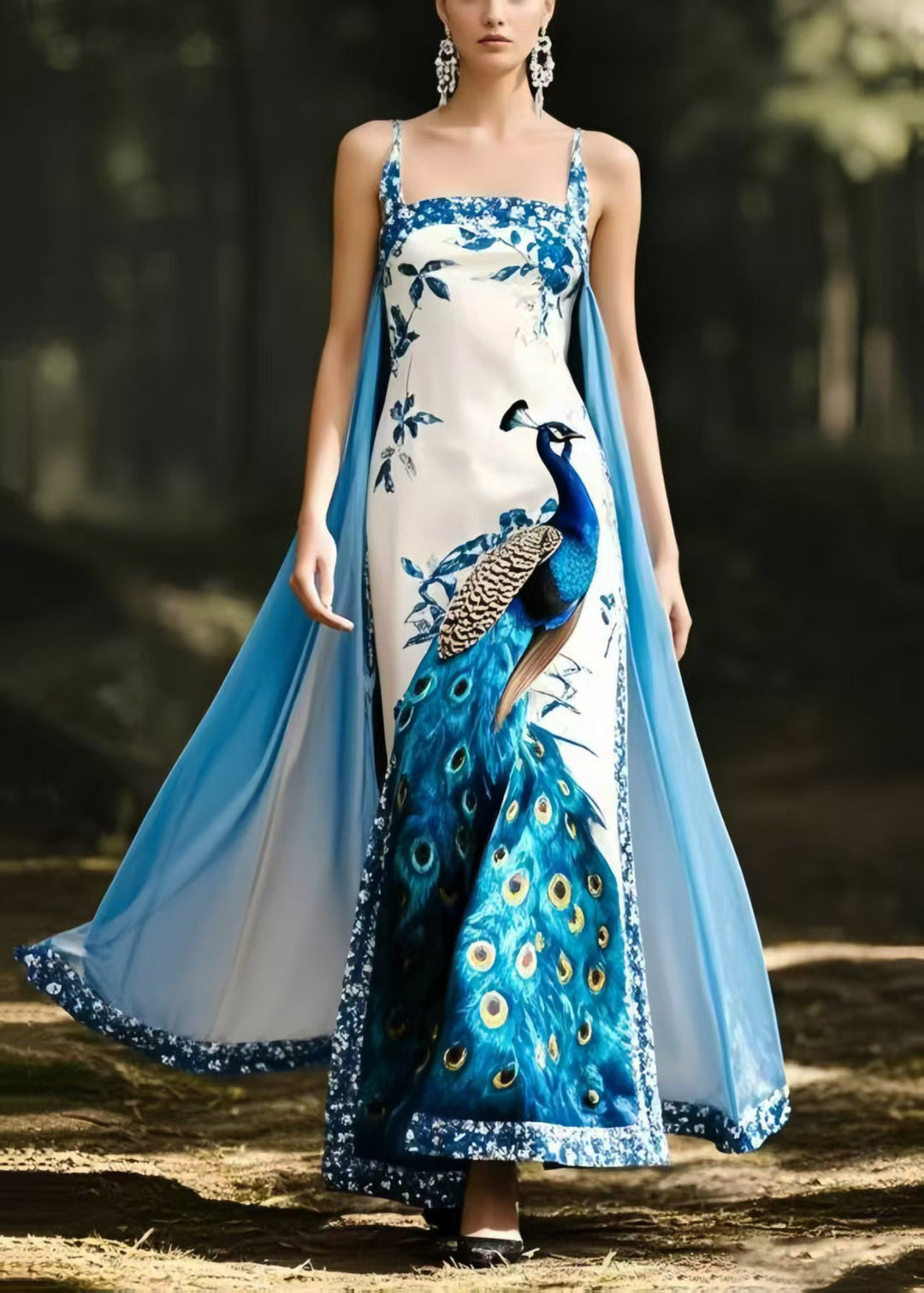 Italian Peacock Print Patchwork Cloak Silk Vestidos Dress Summer