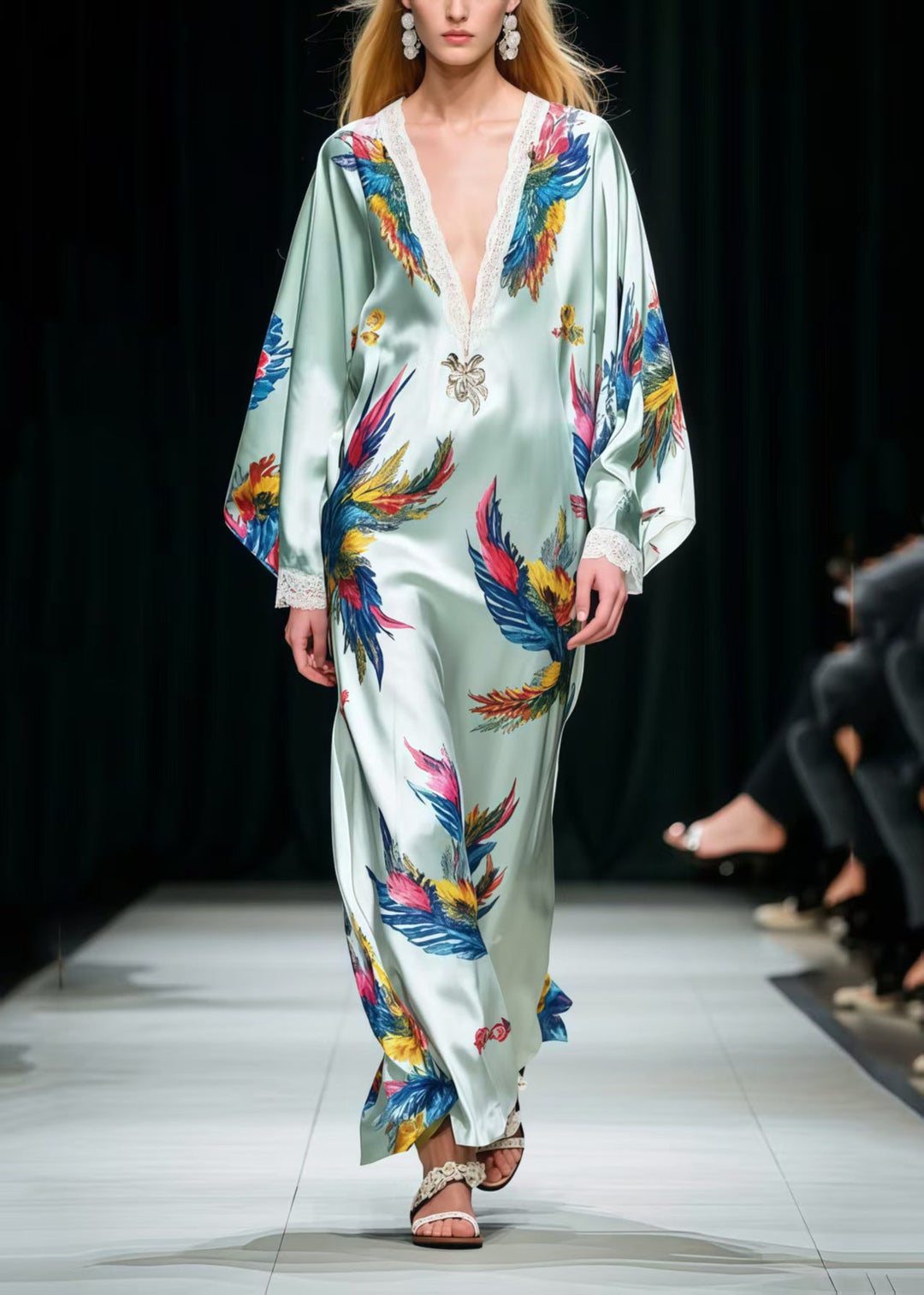 Italian Phoenix Print Patchwork Lace Loose Dresses Spring