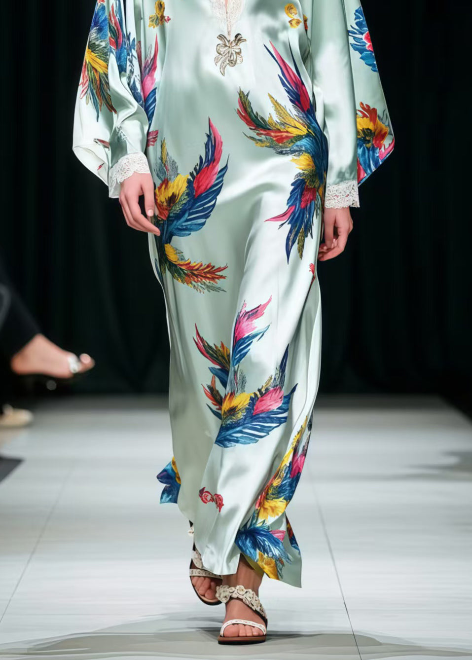 Italian Phoenix Print Patchwork Lace Loose Dresses Spring