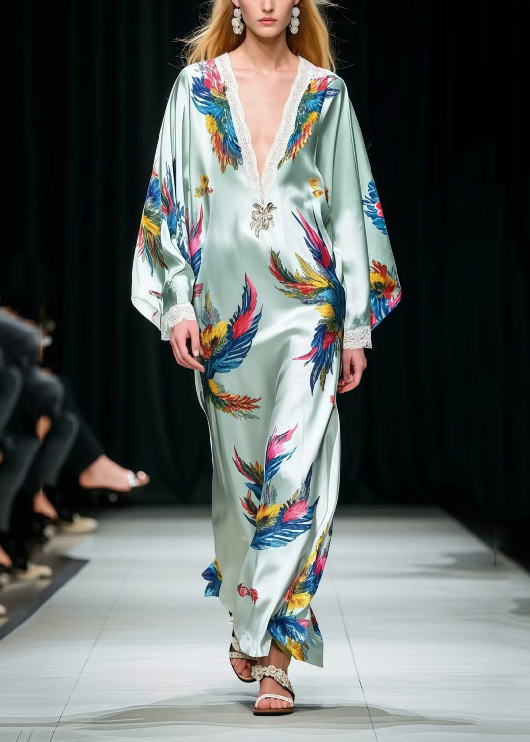 Italian Phoenix Print Patchwork Lace Loose Dresses Spring