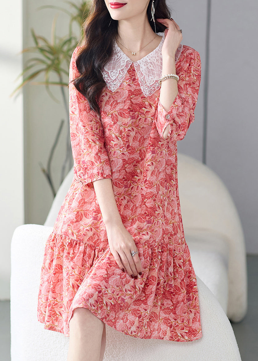 Italian Pink Peter Pan Collar Print Silk Dresses Summer