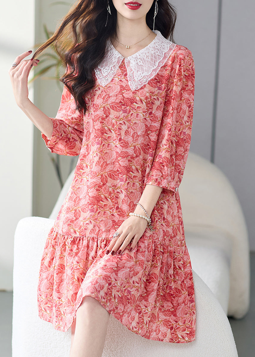 Italian Pink Peter Pan Collar Print Silk Dresses Summer