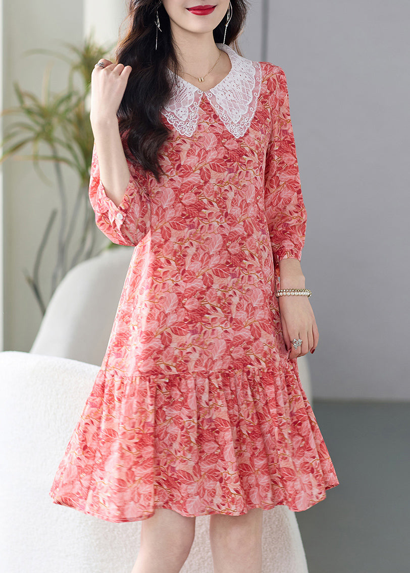Italian Pink Peter Pan Collar Print Silk Dresses Summer