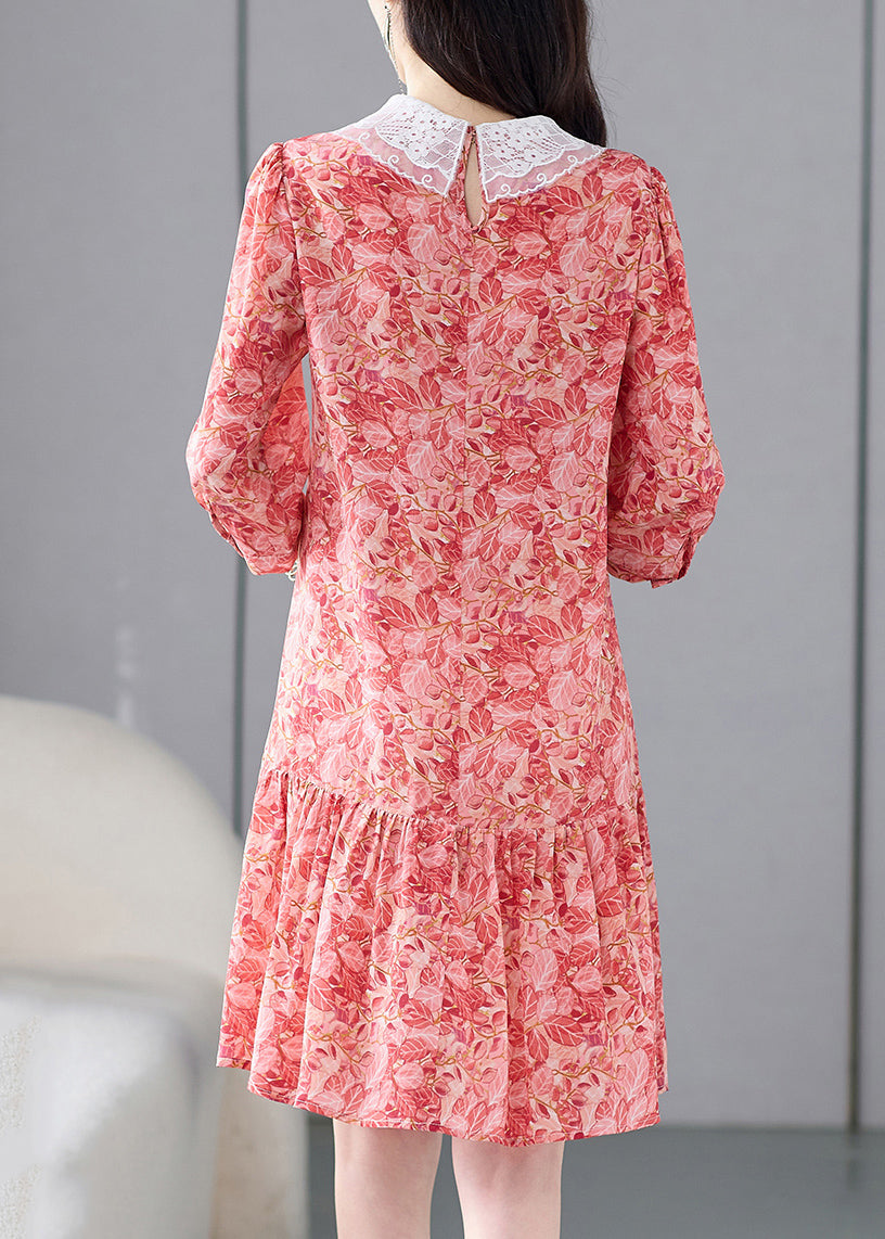 Italian Pink Peter Pan Collar Print Silk Dresses Summer
