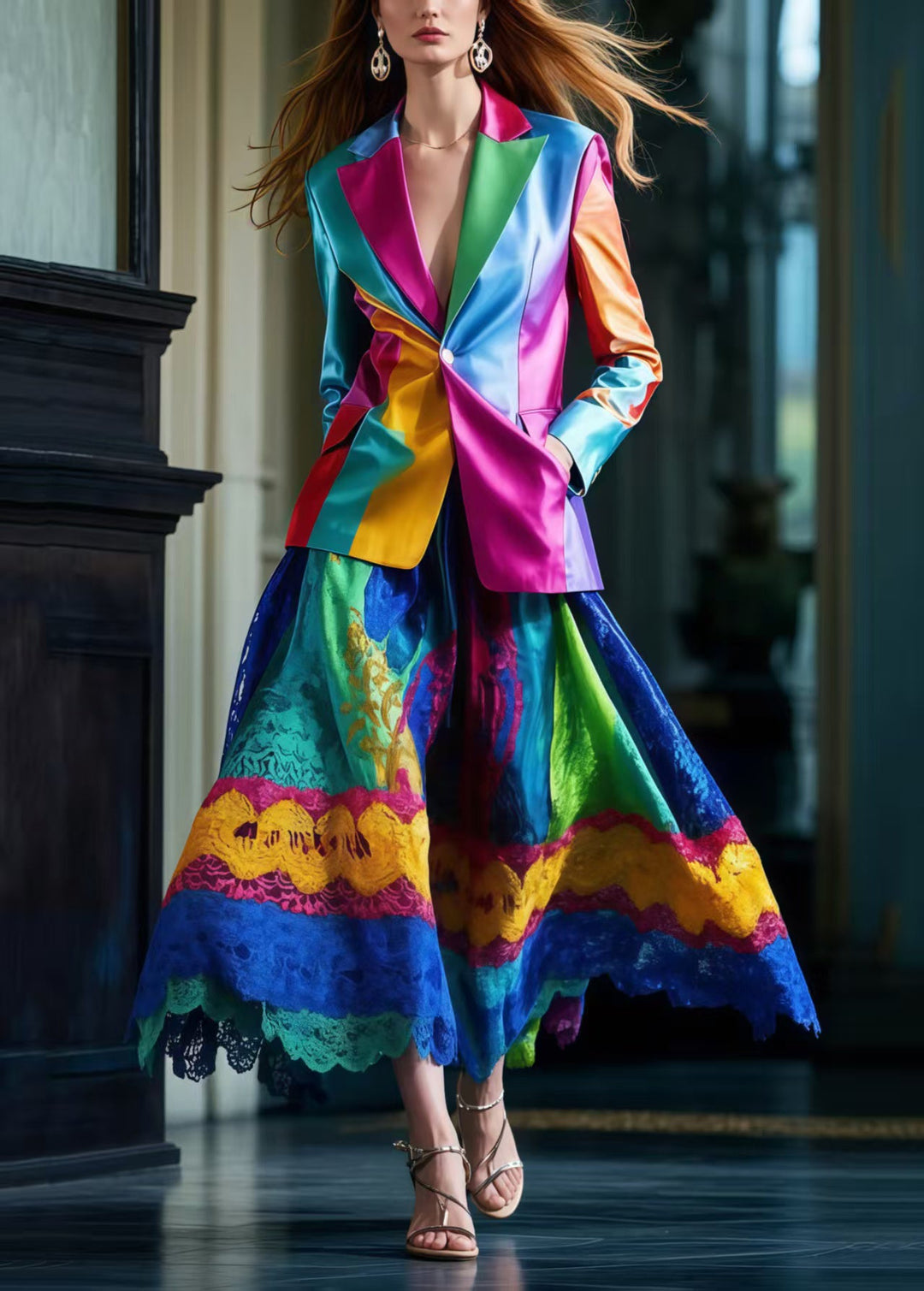 Italian Polychrome Silm Fit Fine Silk Two Piece Set Outfits Spring