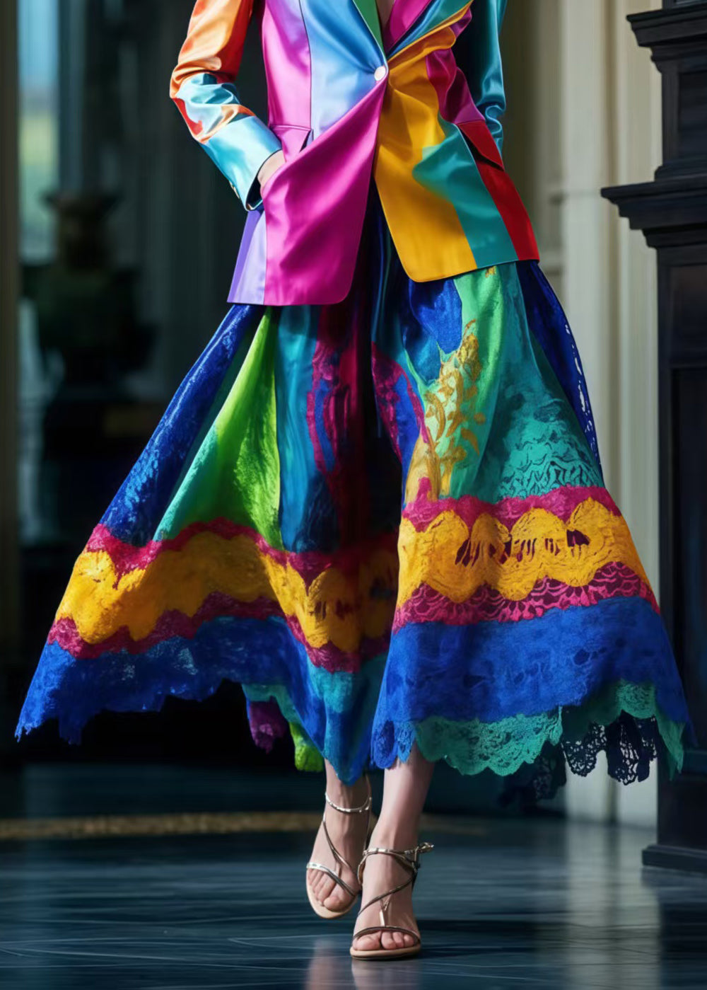 Italian Polychrome Silm Fit Fine Silk Two Piece Set Outfits Spring