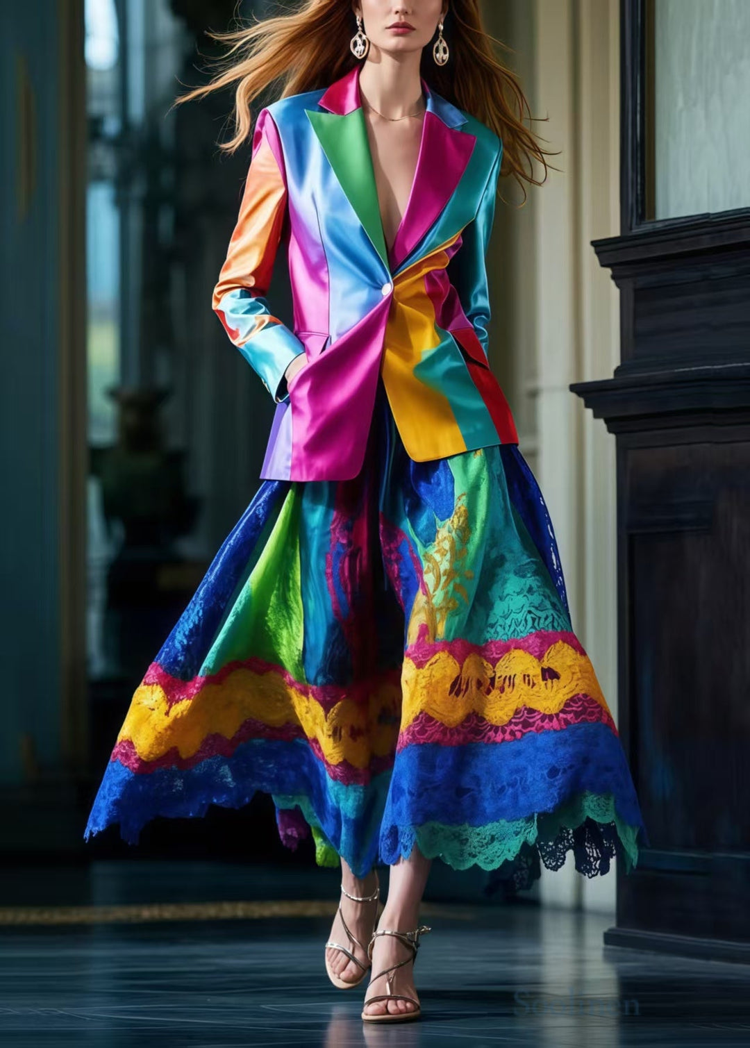 Italian Polychrome Silm Fit Fine Silk Two Piece Set Outfits Spring