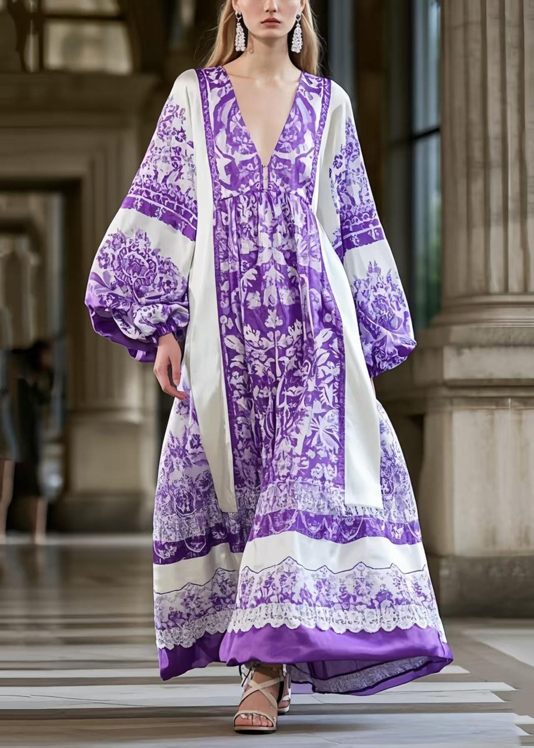 Italian Purple Oversized Print Silk Vacation Dresses Lantern Sleeve