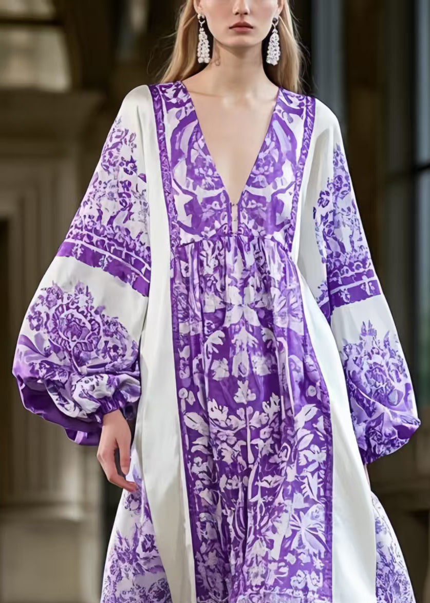 Italian Purple Oversized Print Silk Vacation Dresses Lantern Sleeve
