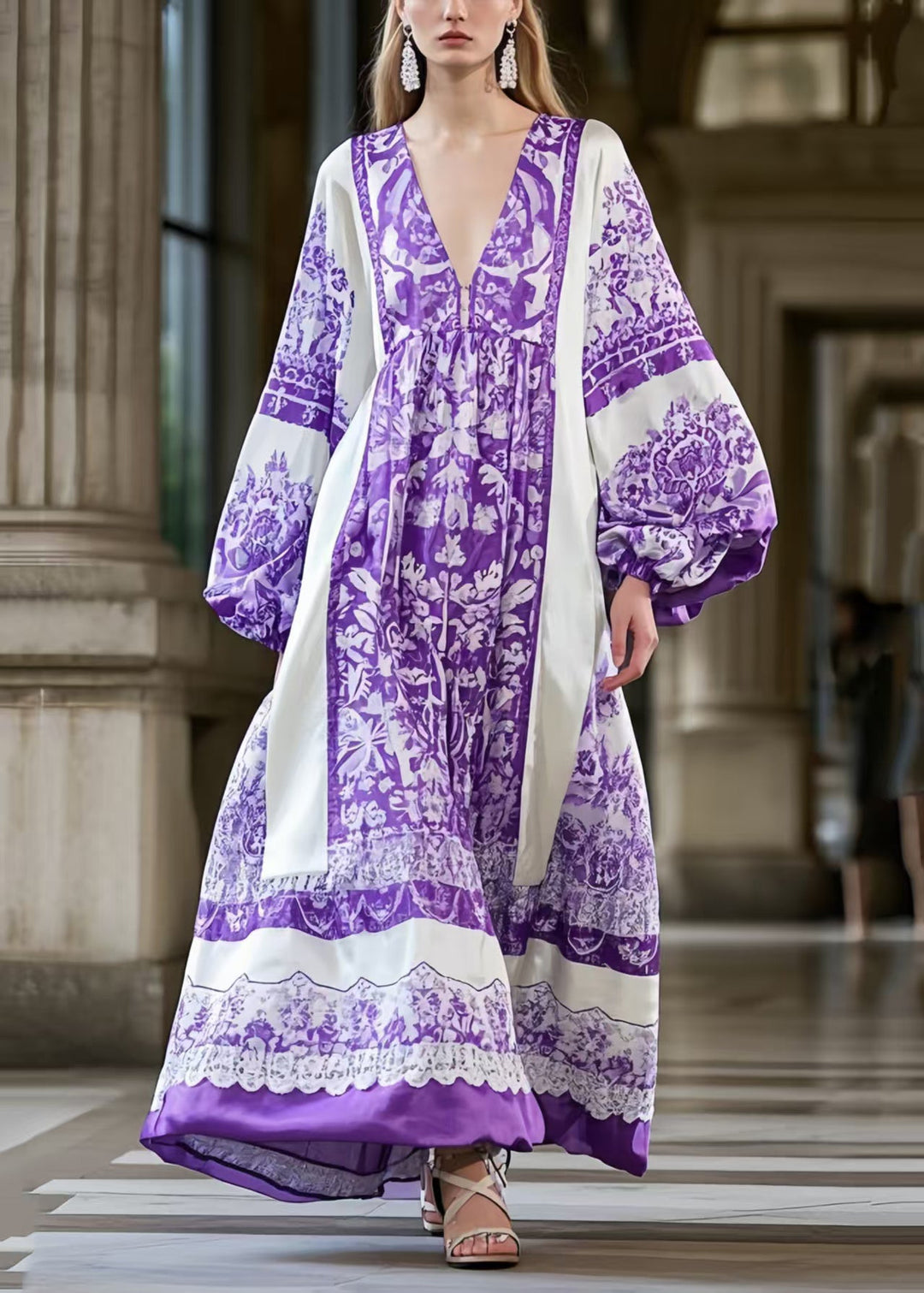 Italian Purple Oversized Print Silk Vacation Dresses Lantern Sleeve