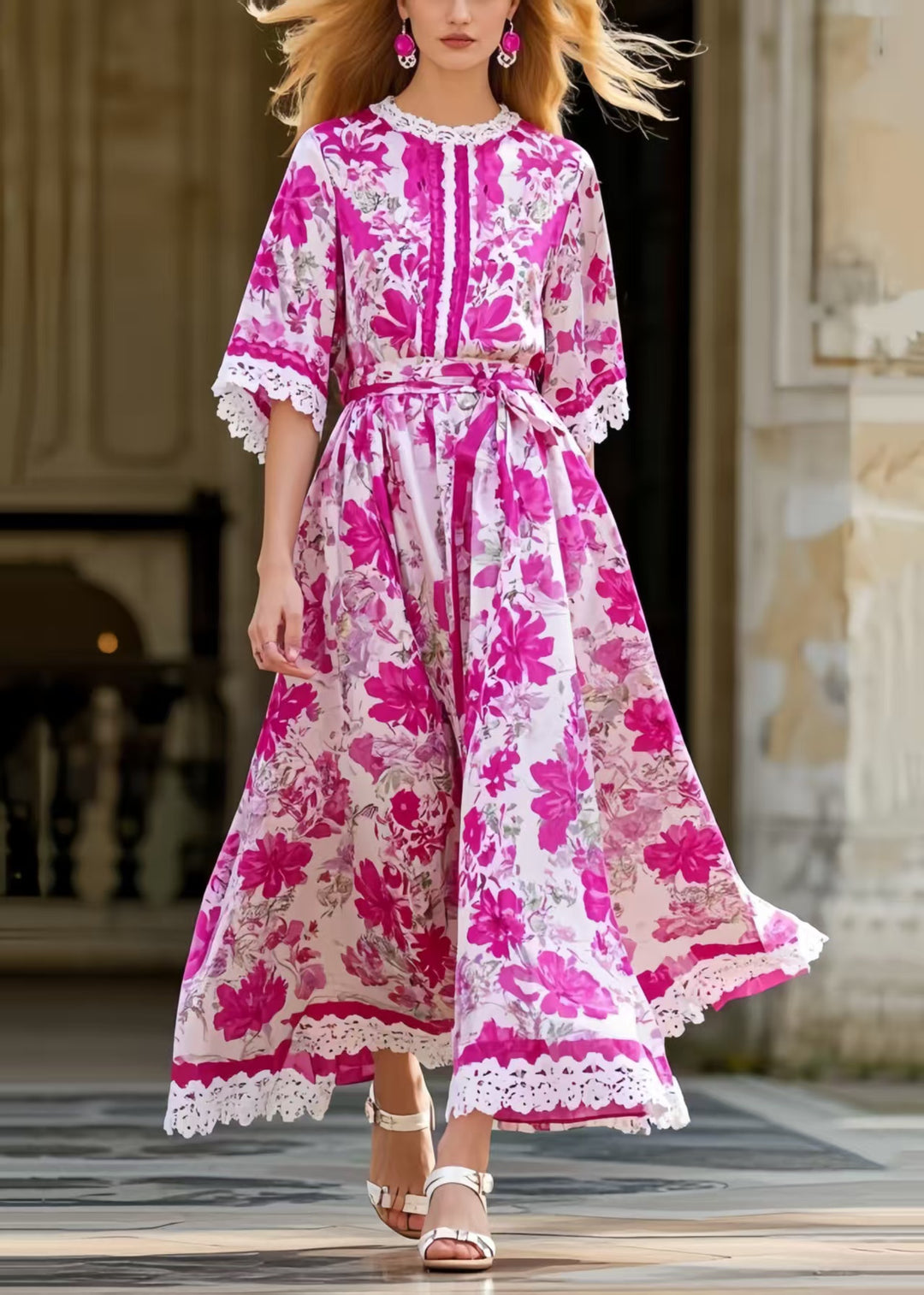 Italian Rose Tie Waist Print Silk Holiday Dress Summer