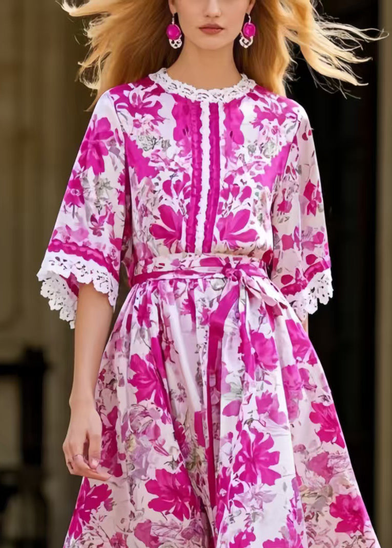 Italian Rose Tie Waist Print Silk Holiday Dress Summer