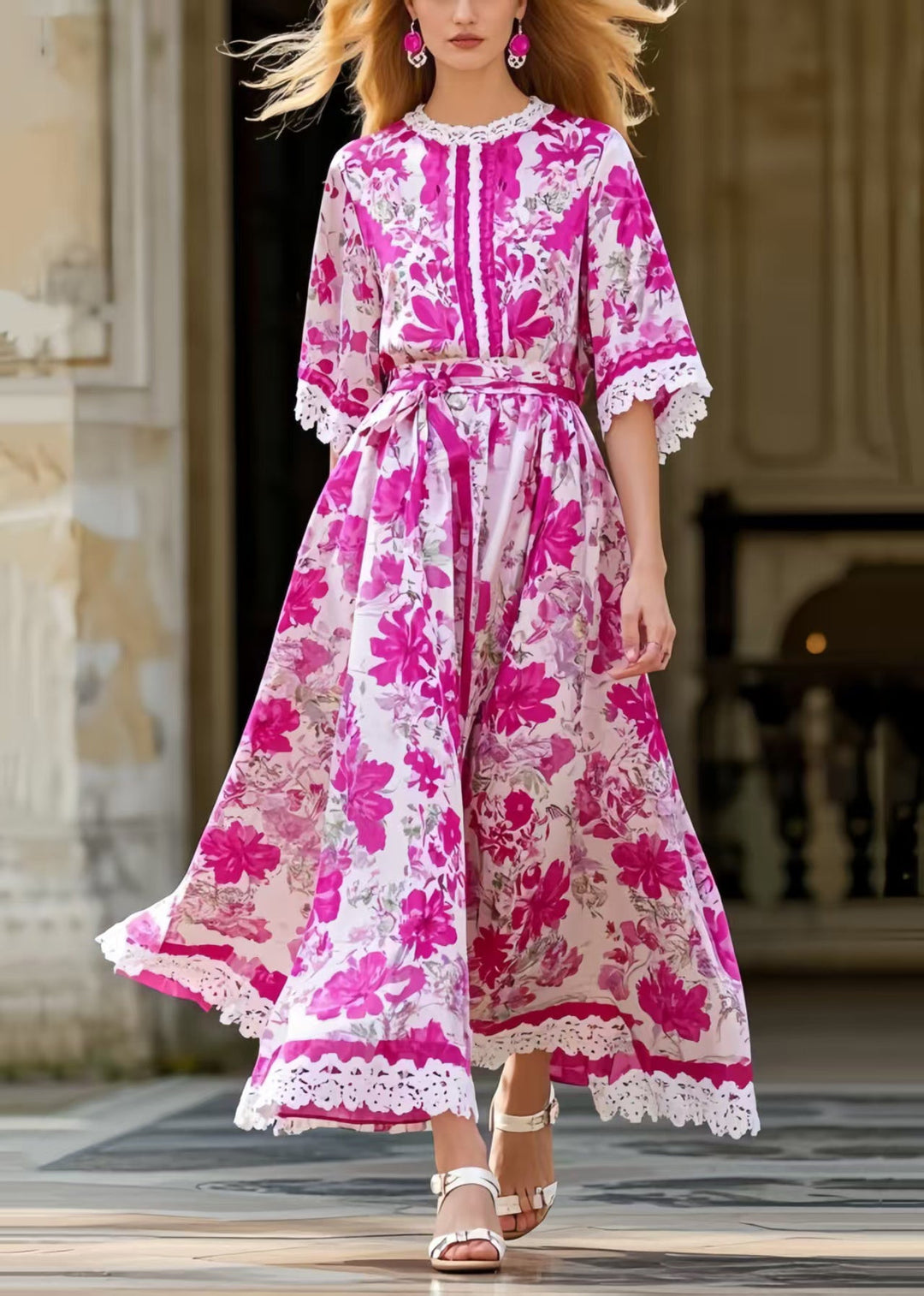 Italian Rose Tie Waist Print Silk Holiday Dress Summer