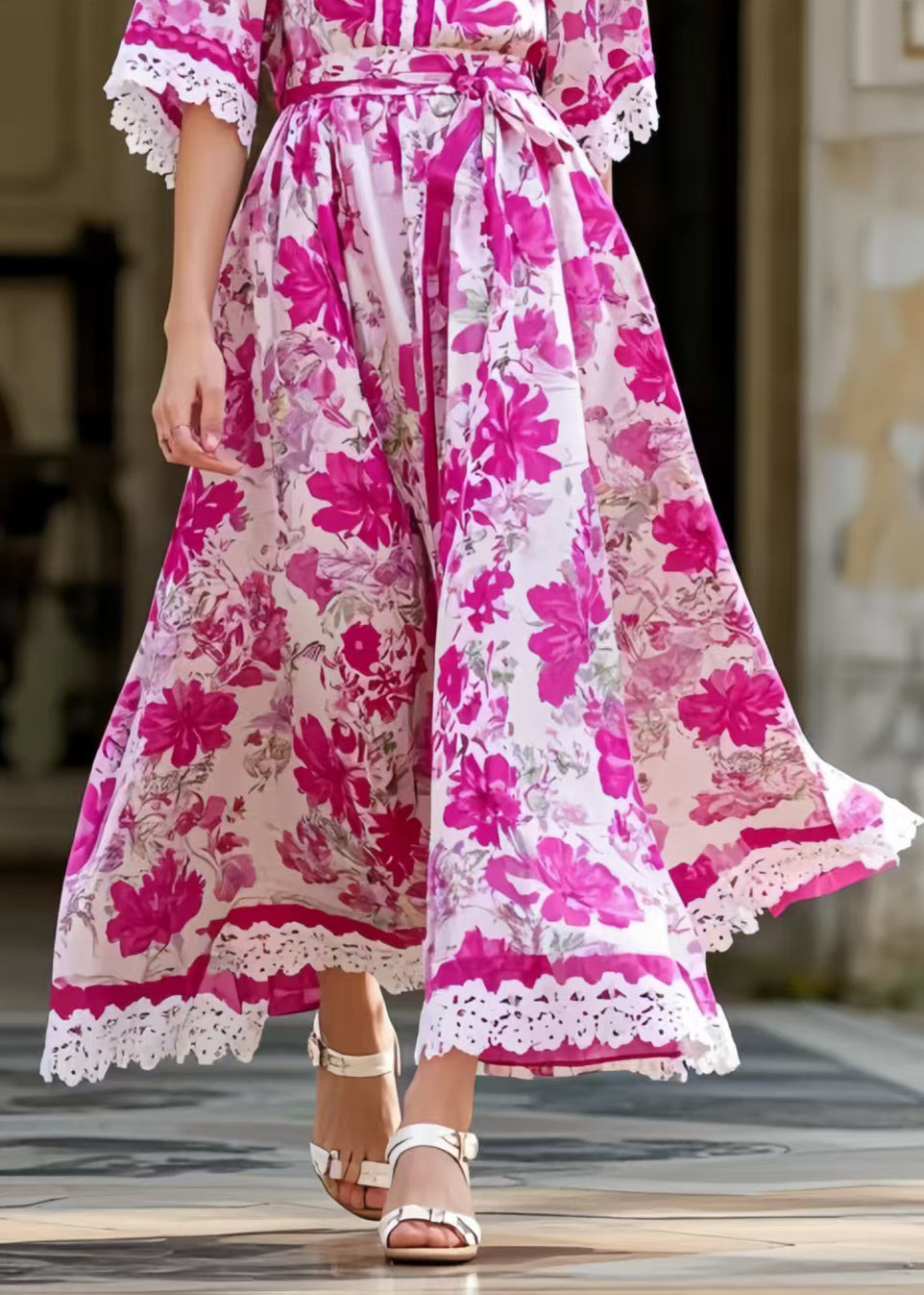 Italian Rose Tie Waist Print Silk Holiday Dress Summer