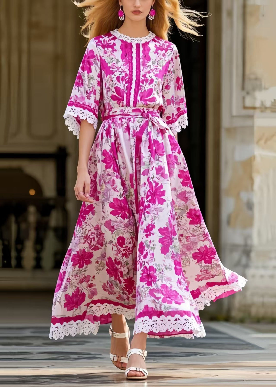 Italian Rose Tie Waist Print Silk Holiday Dress Summer