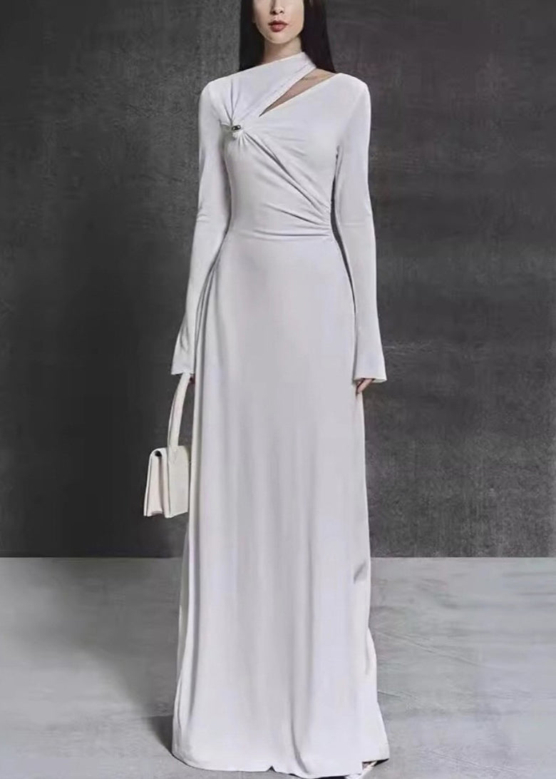 Italian White Asymmetrical Hollow Out Knitting Cotton Maxi Dress Fall