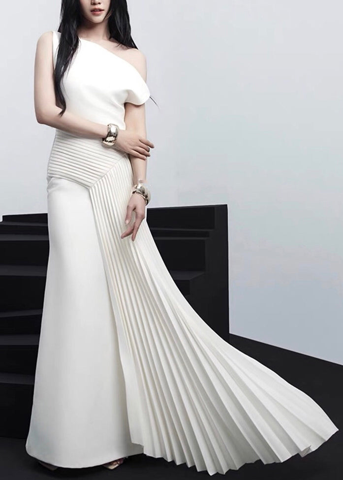 Italian White Asymmetrical Wrinkled Cotton Long Dress Sleeveless