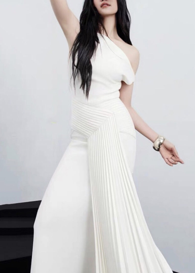 Italian White Asymmetrical Wrinkled Cotton Long Dress Sleeveless