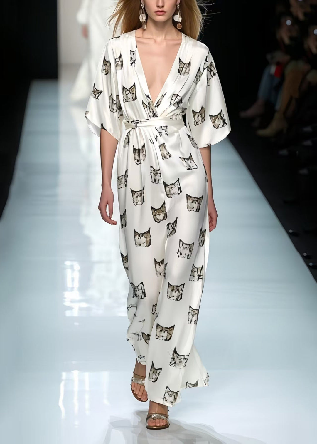 Italian White Cinched Print Silk Party Dress Summer