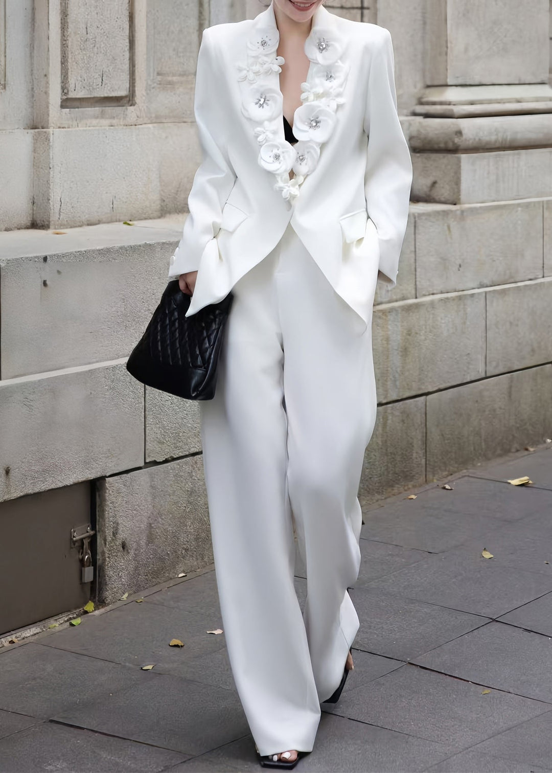 Italian White Floral Decorated Suit Coat And Pants Two Pieces Set Fall