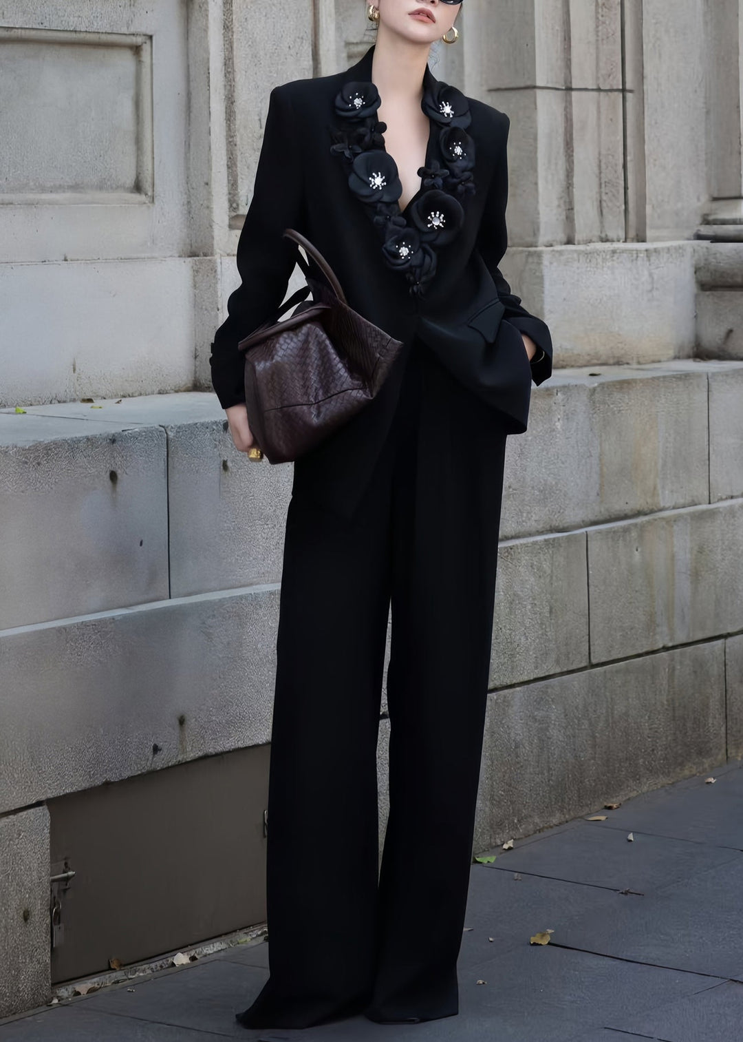 Italian White Floral Decorated Suit Coat And Pants Two Pieces Set Fall