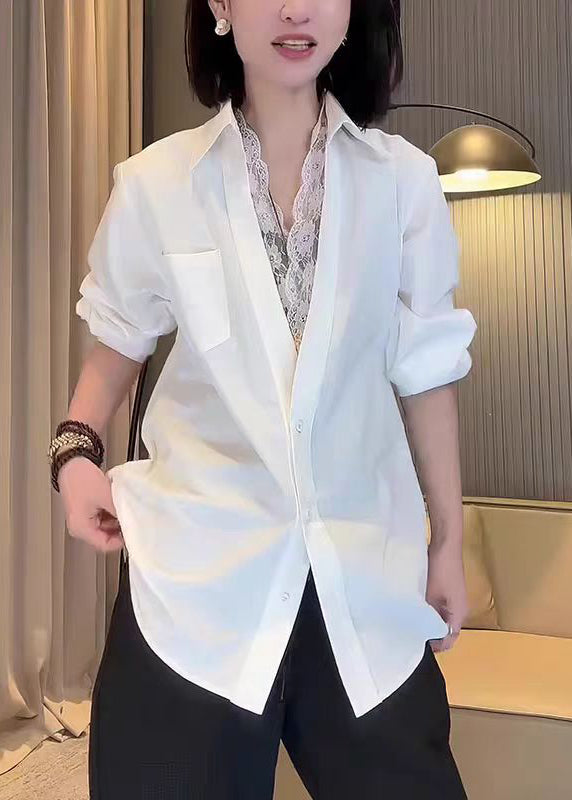 Italian White Peter Pan Collar Lace Patchwork Cotton Tops Fall