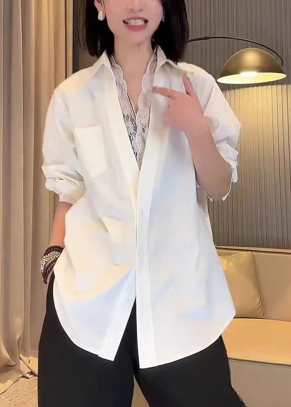 Italian White Peter Pan Collar Lace Patchwork Cotton Tops Fall