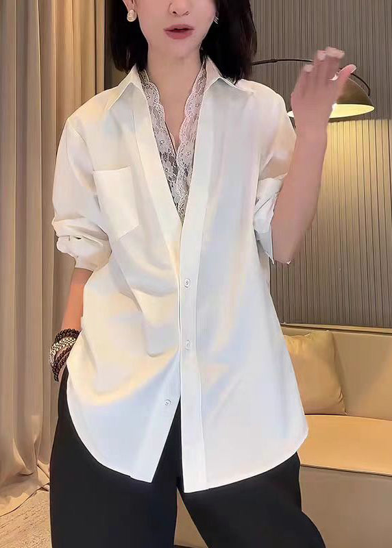 Italian White Peter Pan Collar Lace Patchwork Cotton Tops Fall