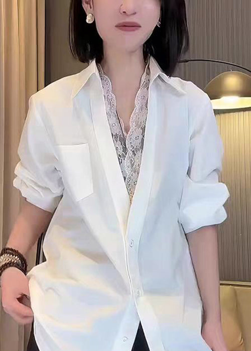 Italian White Peter Pan Collar Lace Patchwork Cotton Tops Fall