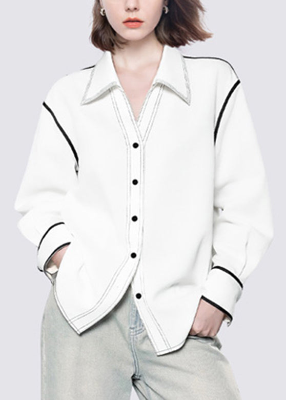 Italian White Peter Pan Collar Patchwork Button Shirts Fall