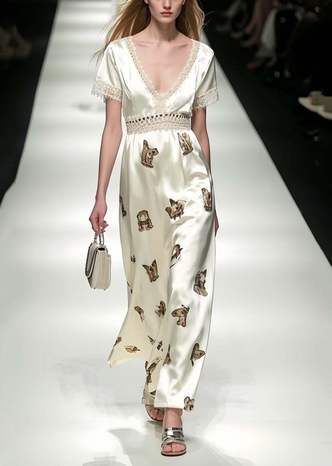 Italian White Print Patchwork Draping Silk Long Dresses Summer