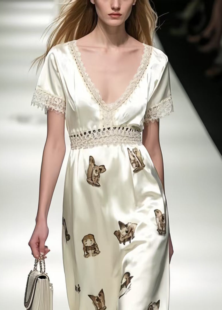 Italian White Print Patchwork Draping Silk Long Dresses Summer