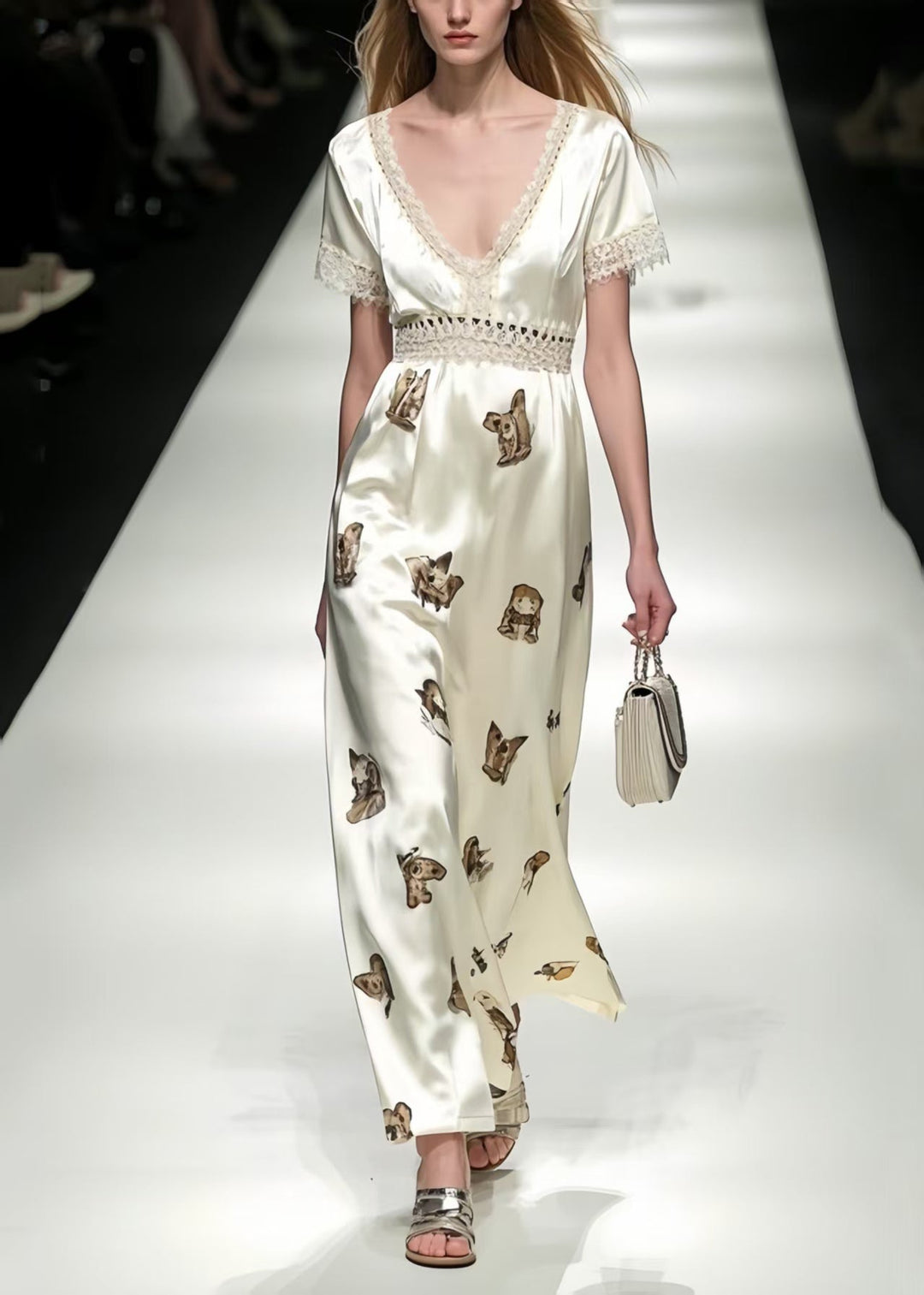 Italian White Print Patchwork Draping Silk Long Dresses Summer