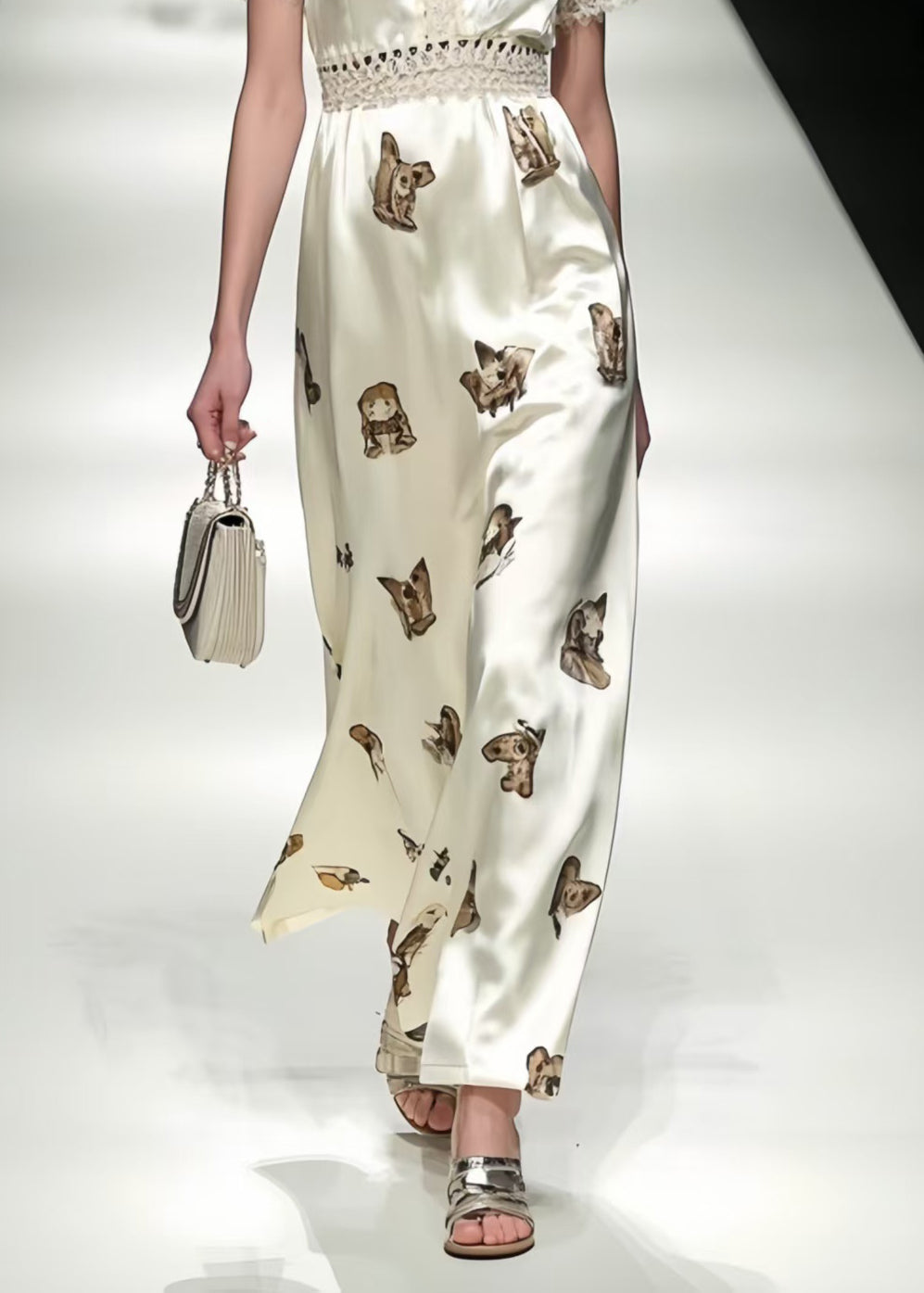 Italian White Print Patchwork Draping Silk Long Dresses Summer